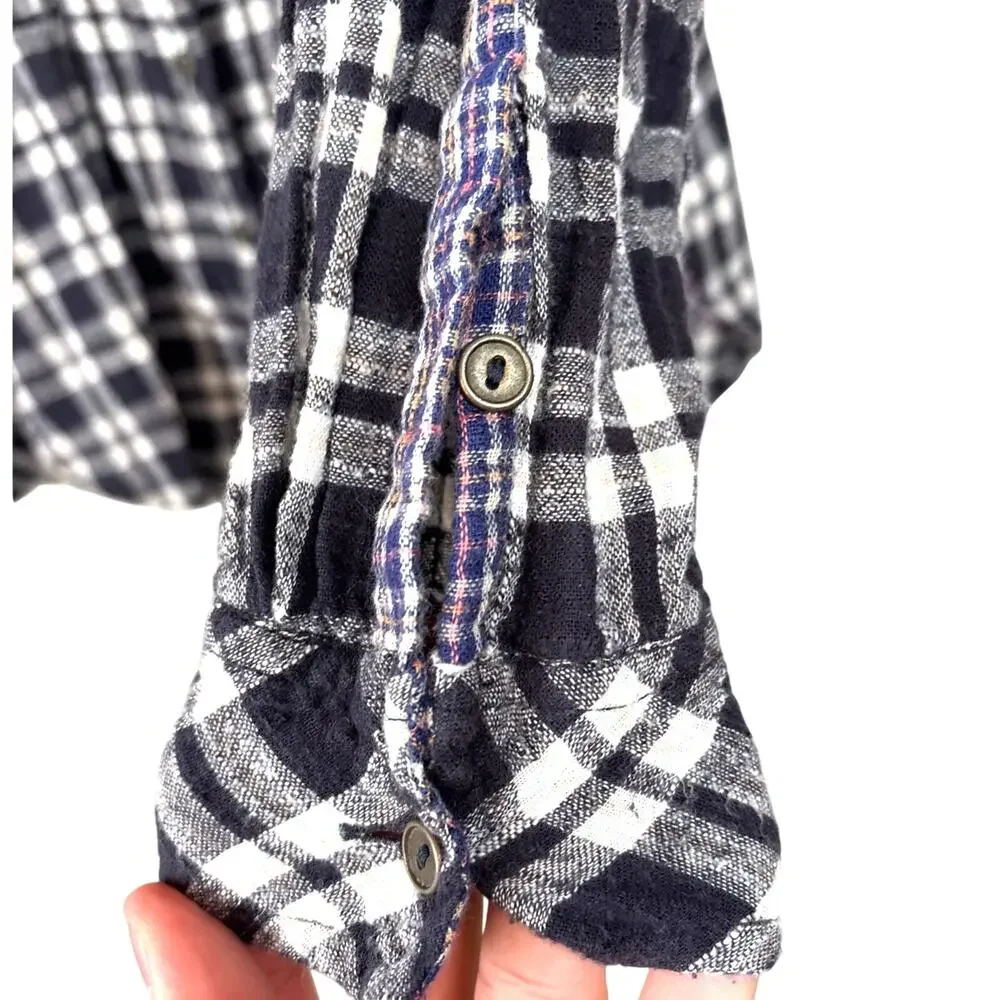 Free People Catch Up With Me Womens XS Black White Plaid Patchwork Shirt Boho